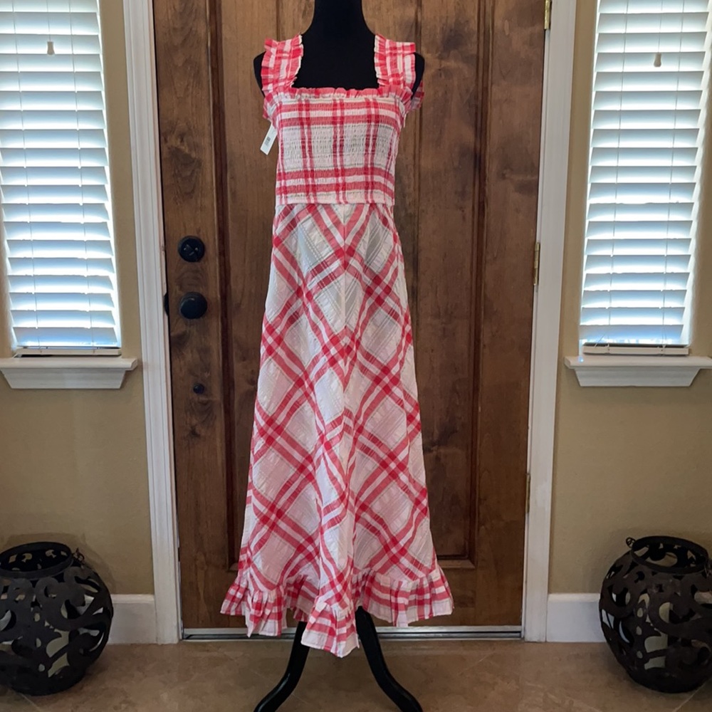 GANNI Seersucker Check  Ruffle Trim Dress